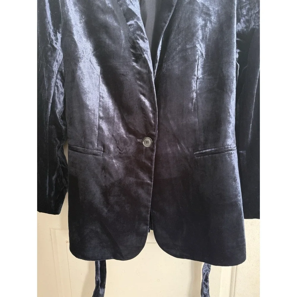 Ann Taylor Velvet Belted Blazer Jacket Coat Wrap Womens 14 Petite Dark Blue Navy